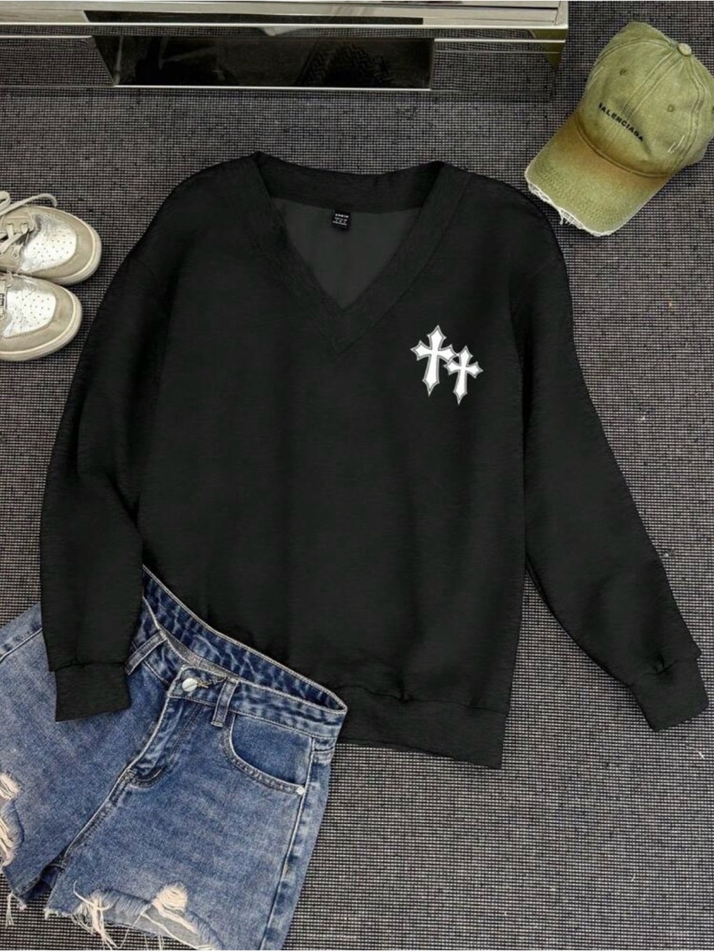 SHEIN Black V-Neck Sweatshirt with White Cross Patch